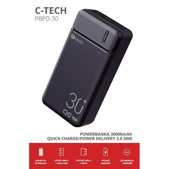 BAZAR - C-TECH Powerbanka 30000mAh, Li-Pol, 20W, USB-C/USB-A/micro USB, poškozený obal