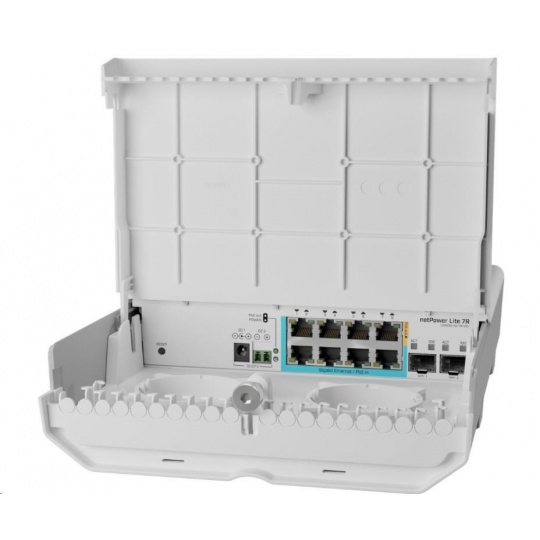 MikroTik CSS610-1Gi-7R-2S+OUT reverzný PoE switch, 8x Gigabit, 2x SFP+, 1x PoE out, 7x PoE in, 56Gbps