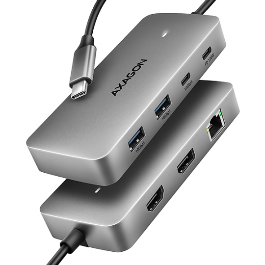 AXAGON HMC-CUB83X2, USB 10Gbps hub, 2x USB-A, USB-C, HDMI & DP 4k/144Hz, RJ-45 GLAN, PD 100W, kábel USB-C 15cm