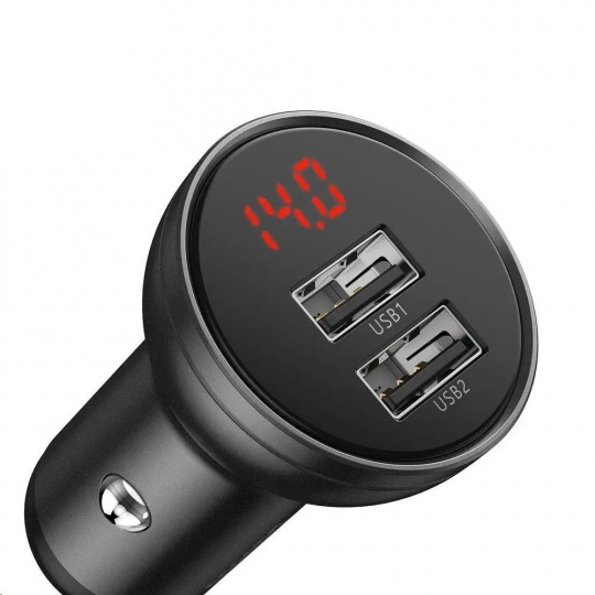 Baseus duálny USB adaptér do auta s displejom 4,8A 24W, sivý