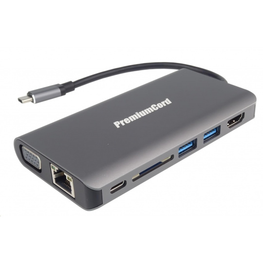 Prevodník PREMIUMCORD USB3.1 typ C na HDMI+VGA+RJ45+2xUSB3.0+SD karta +3,5 mm+PD nabíjanie