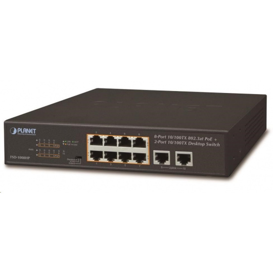 Planet FSD-1008HP Switch, PoE 8x PoE 802.3at 120W+ 2x 100Base-TX,VLAN,extend mód 10Mb/s do 250m, fanless