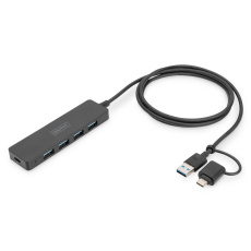 USB 3.0 Hub 4-port, Slimline s USB-C adaptérem, 5 Gb/s, 1,2 m kabel  Rozšiřuje váš notebook o připojení USB-C nebo USB A o 4 další superrychlé porty USB.  - Navíc 4x USB A 3.0 s rychlostí až 5 Gbps je možné připojit do portu USB-A nebo USB-C, k tomu slouží krátká redukce - USB-C 3.0 a USB A 3.0 HUB, kombinace USB-A a USB-C je navržena tak, aby byl HUB kompatibilní s širokou řadou notebooků. - USB hub poskytuje až čtyři další možnosti připojení pro externí pevné disky, SSD nebo jiná USB zařízení na vašem PC, notebooku nebo tabletu. - Díky standardu Super-Speed USB 3.0 je možný rychlý přenos dat rychlostí až 5 Gbps - díky zpětné kompatibilitě jsou podporovány také USB 2.0 a USB 1.1. - Integrované připojení USB-C umožňuje dodat USB HUBu další napájení (nabíjecí kabel/napájecí adaptér není součástí dodávky) - Pro optimální umístění USB hubu na stole nebo v TV skříňce má zařízení pevný propojovací kabel o délce 120 cm. - Kompatibilní s mnoha operačními systémy, např. macOS, Windows a Google Chrome OS  OBSAH BALENI: 1x USB 3.0 hub s Ethernet Adaptérem 1x Návod