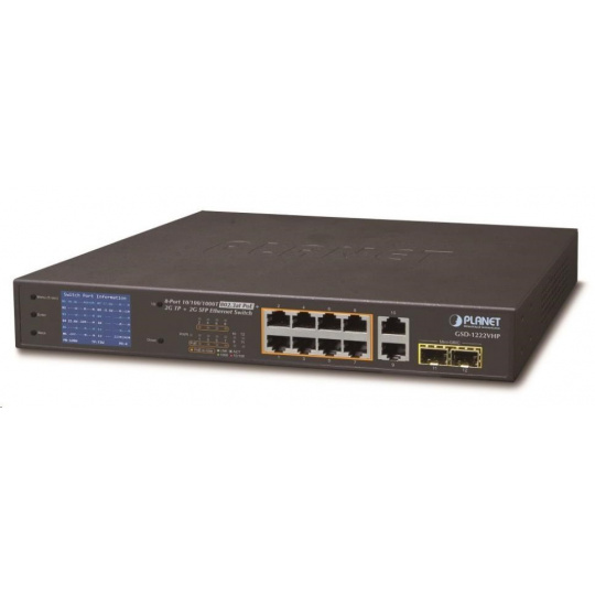 Planet GSD-1222VHP Switch, 8x PoE + 2x 1000Base-T + 2x SFP, LCD,VLAN, extend mód 10Mb do 250m, IEEE 802.3at 120W
