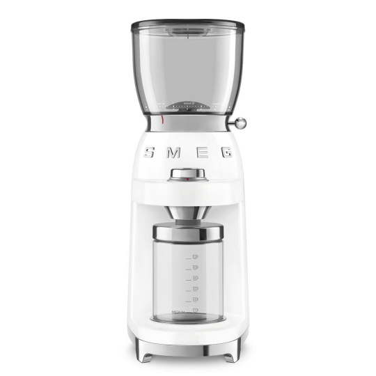 Smeg CGF11WHEU, mlýnek na kávu, 150 W, nastavitelná hrubost, nerezový mlýnek, nádoba z tritanu, bílý