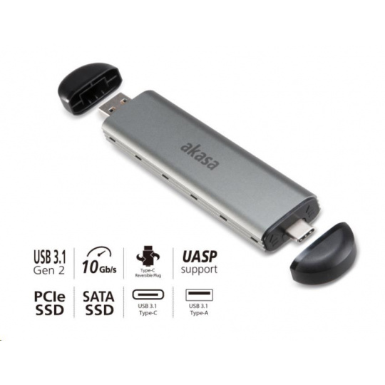 Externý box AKASA pre M.2 SATA/NVMe SSD na USB 3.1 Gen 2, 10 Gb/s, hliník